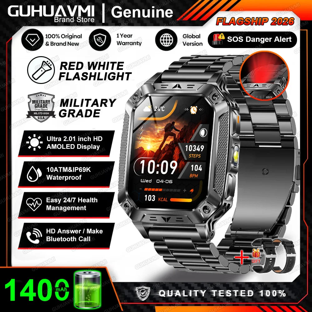 Reloj inteligente militar 2026 TANK, nuevo, 1400 mAh, GPS, pantalla AMOLED de 2.01", resistente al agua 10ATM, reloj, llamada SOS, linterna, para hombre, compatible con iOS