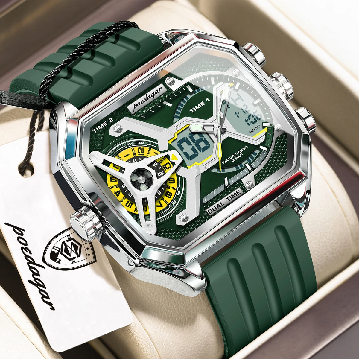 Reloj de pulsera deportivo de cuarzo para hombre POEDAGAR, moda, fecha, semana, luminoso, LED digital, reloj electrónico para hombre, hora dual, relojes casuales para hombre