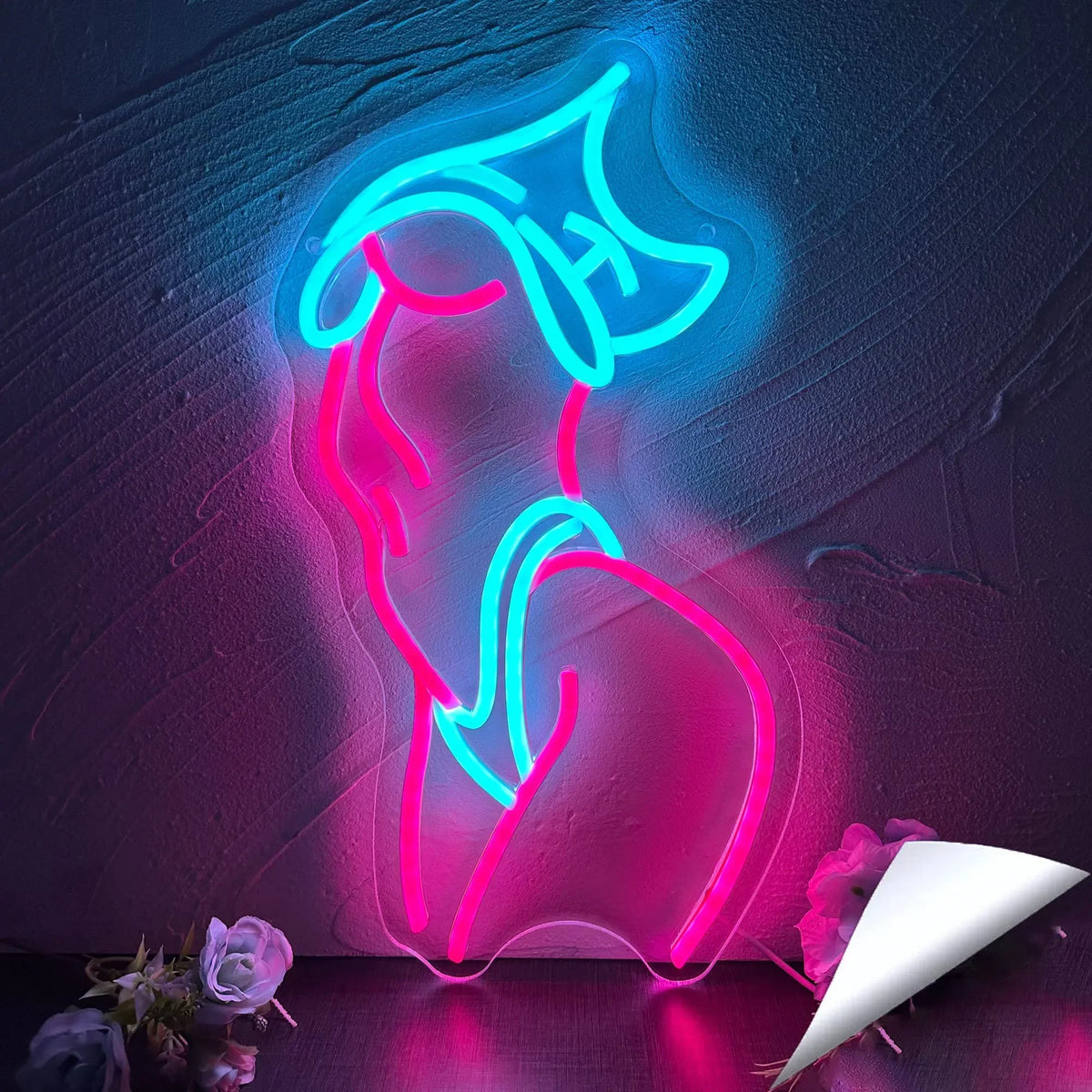 Letrero neón LED de mujer estilo bikini con luz rosa y azul turquesa