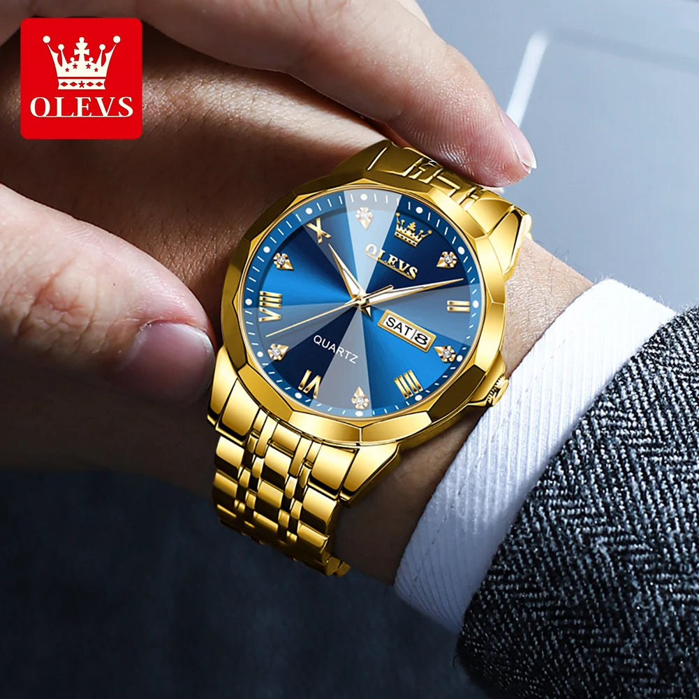 OLEVS 9931 Hot Sale Watches for Man Fashion Rhombus Mirror Solid Steel Strap Date Waterproof Luminous Original Quartz Man Watch