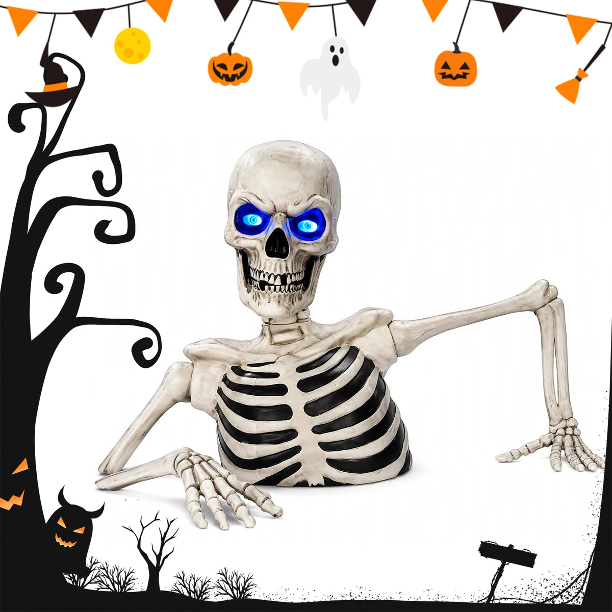 Halloween Giant Skull Decoration Breaking Ground LED Glowing Eyes Poseable Arms Outdoor Yard Graveyard Scene Prop