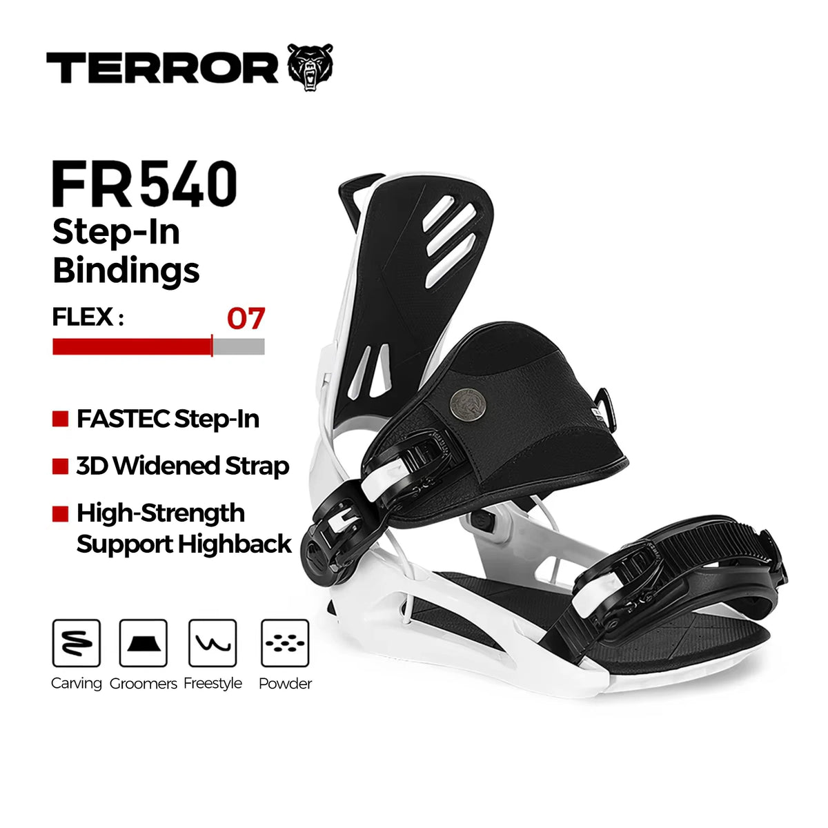 Fijaciones para Snowboard TERROR FR-540 Step-In con Placa Trasera de Absorción de Impactos EVA para Riders Intermedios y Avanzados