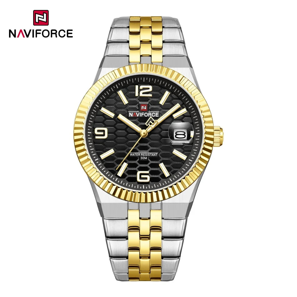 Reloj NAVIFORCE para hombre, de negocios, con esfera redonda, acero inoxidable, textura de panal, fecha, manecillas luminosas, cuarzo resistente al agua