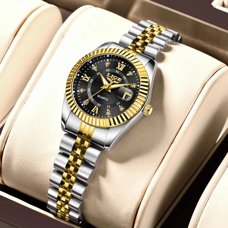Reloj de pulsera LIGE de moda para mujer, resistente al agua, luminoso, con fecha, elegante reloj de cuarzo de acero inoxidable para mujer