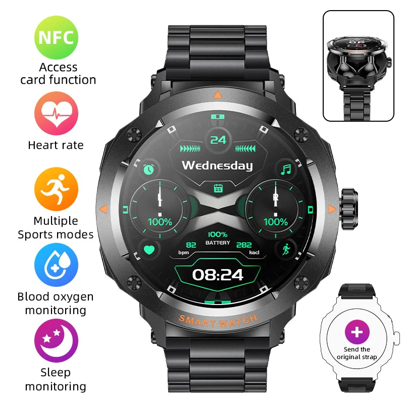 Smartwatch militar para hombre con auriculares inalámbricos integrados, acceso a puertas NFC, monitor de frecuencia cardíaca, reloj inteligente deportivo para iOS y Android
