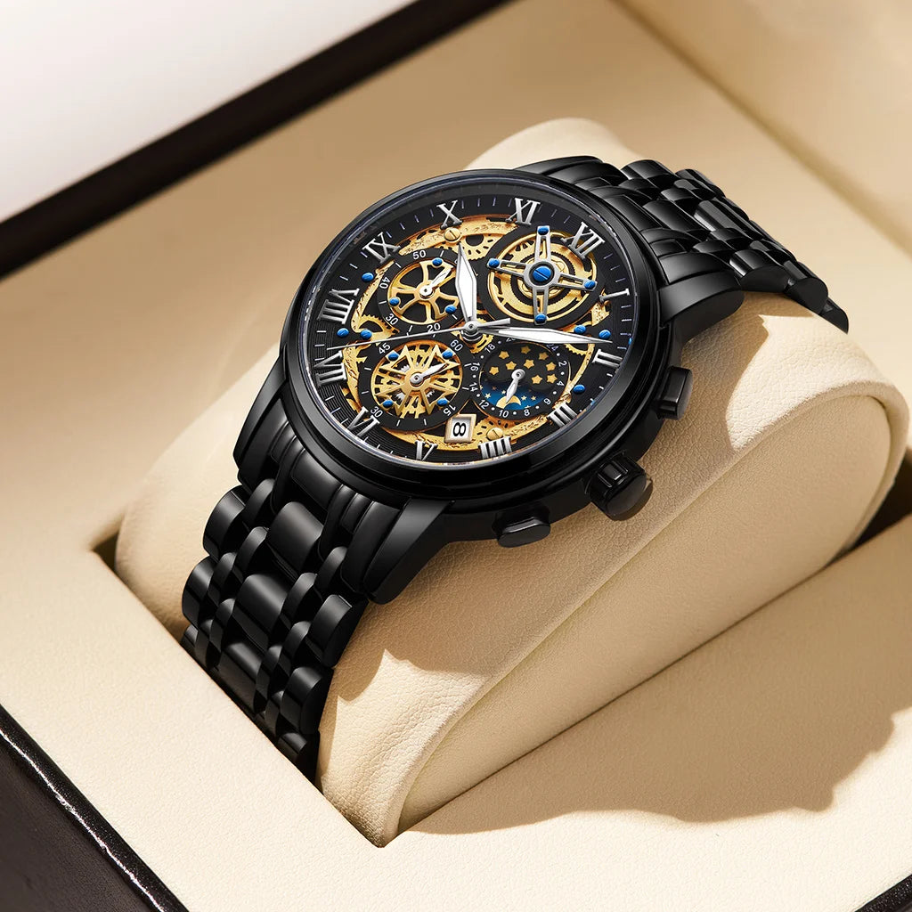 Reloj LIGE 2026 para hombre de acero inoxidable, reloj de cuarzo con fase lunar, resistente al agua, luminoso con calendario, regalo de Halloween