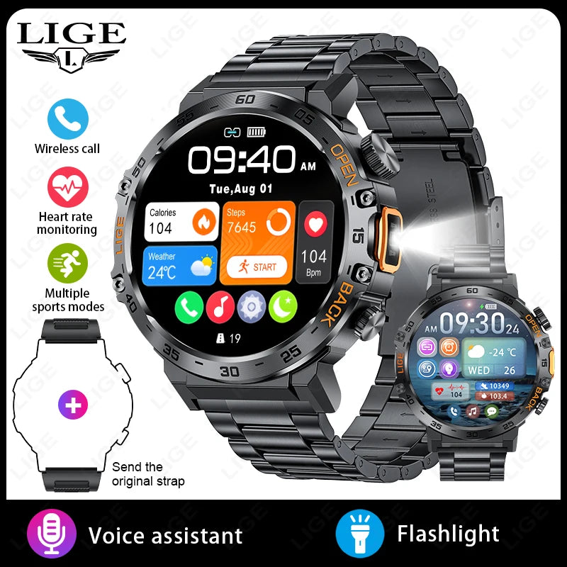 LIGE 2026 Smart Watch Men Sport Watches LED Flashlight 360*360 Ultra HD Screen Waterproof Fitness Bluetooth Call Men Smartwatch