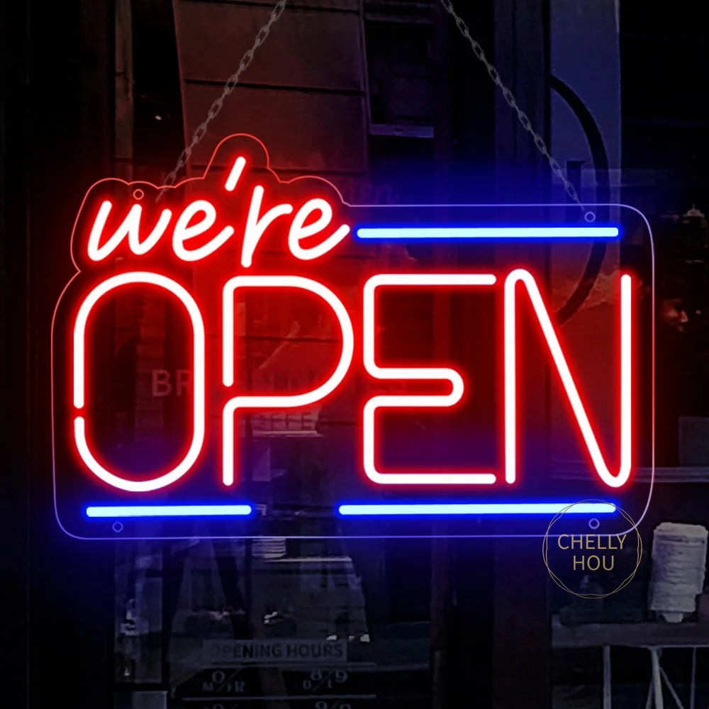 Letrero de neón LED “We’re OPEN” rojo y azul, letras luminosas con placa transparente