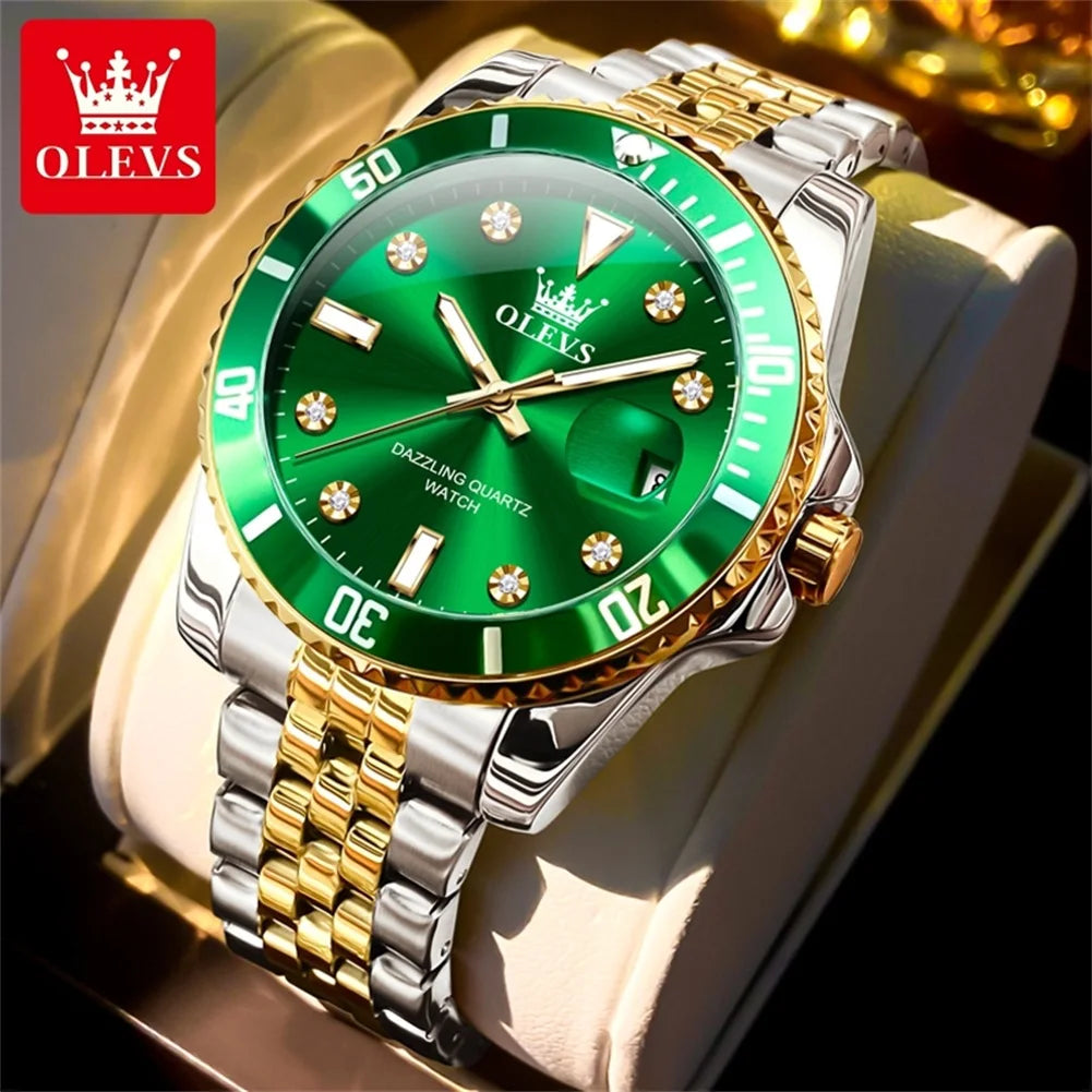 Reloj OLEVS 9809 para hombre, original, resistente al agua, luminoso, de cuarzo, de acero inoxidable, de marca reconocida, con calendario, estilo ejecutivo