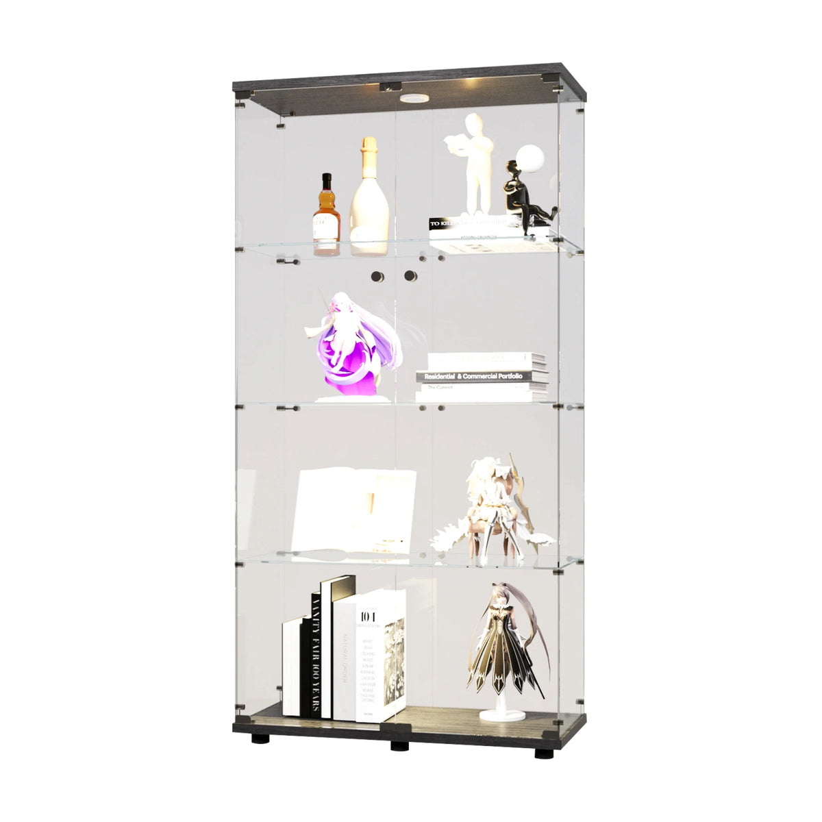Vitrina de cristal Anajqaqia de doble puerta y 4 estantes, vitrina de exhibición de vidrio templado con tiras de luz LED y cerradura, gabinete de colección, gabinete para vinos, negro, para salas de estar y dormitorios
