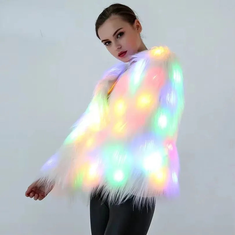 Abrigo de piel sintética para mujer, disfraces de Cosplay de San Valentín, chaleco con capucha cálido multicolor, chaqueta LED brillante, abrigo de baile de fiesta iluminado