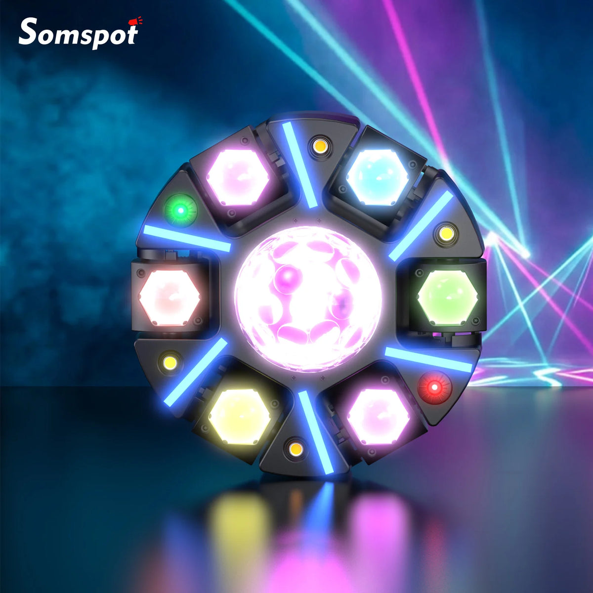 Somspot - Luces con efecto de bola mágica de 6 brazos, luces láser de 150 W, cabezal móvil LED RGBW 4 en 1, proyector de iluminación para escenarios, DJ, fiestas, discotecas, bares, conciertos, bodas, teatros y espectáculos en vivo