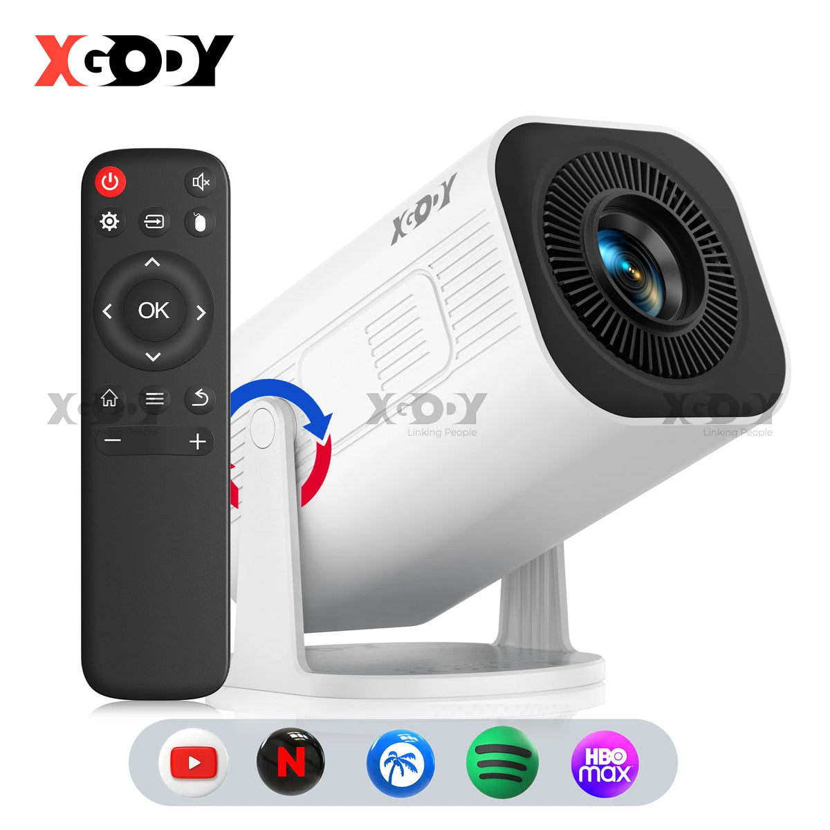 Proyector portátil blanco con lente circular y control remoto negro