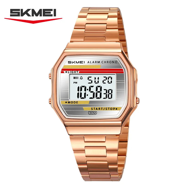 SKMEI Stainless Steel Watch for Men LED Men's Digital Wristwatches Light Retro Square Gold Case Stopwatch Alarm Classic Reloj