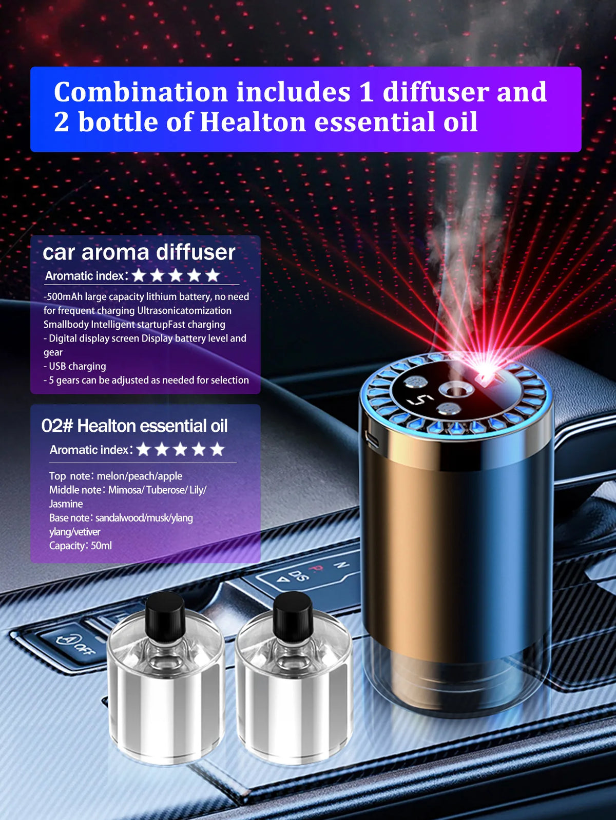 Difusor de aroma de coche recargable, aceite esencial aromático, luces coloridas, luces románticas de cielo estrellado, regalo de dormitorio