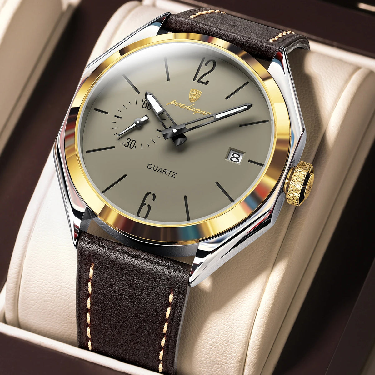 Reloj de pulsera original de cuarzo para hombre POEDAGAR, de piel, para negocios, resistente al agua, con fecha luminosa, reloj elegante para hombre.