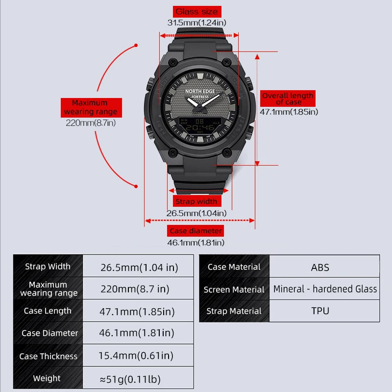 Reloj militar digital para hombre NORTH EDGE FORTRESS, deportivo, para exteriores, resistente al agua 50m, con hora mundial, cuenta regresiva y pantalla LED