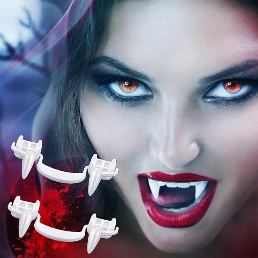Dientes de vampiro de plástico para Halloween, accesorios de disfraces de Halloween, dientes de zombi retráctiles, colmillos de vampiro, decoración para fiestas temáticas.