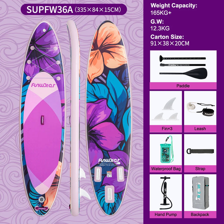 Funwater SUPFW36B Tabla Paddle Surf Hinchable Tabla SUP 335x84x15cm 165kg+ Rosa Flores Turquesa EVA Antideslizante Soporte Cámara Tres Quillas Lagos Costa Yoga Pesca Travesía Vacaciones Kit Accesorios