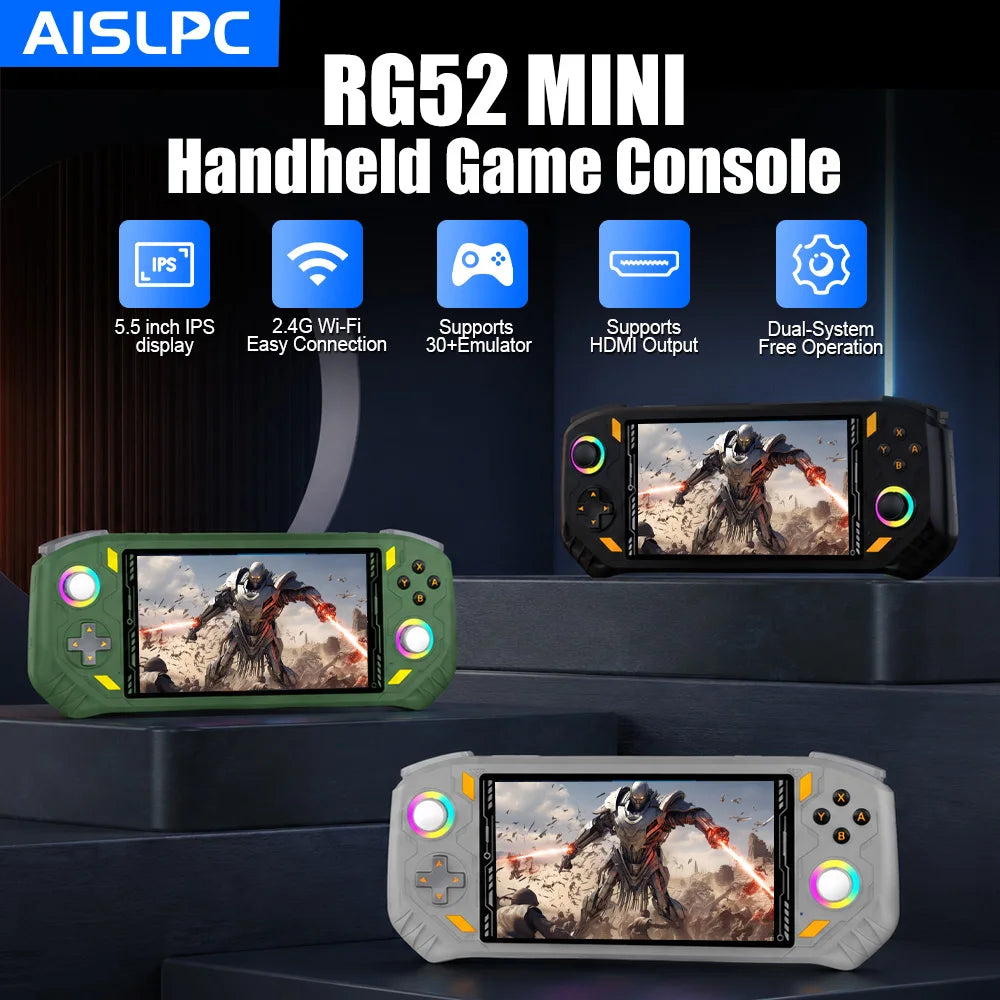Consola de Juegos Retro Portátil AISLPC RG52 MINI, Más de 22000 Juegos, Sistema Dual WIFI 2.4G, Pantalla IPS de 5.5 Pulgadas, Reproductor de Video de Bolsillo
