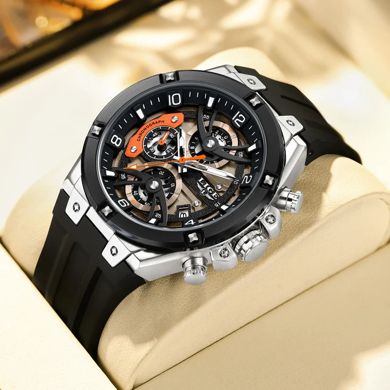 Reloj deportivo LIGE para hombre, de marca de lujo, con correa de silicona, cronógrafo, función de esfera pequeña, reloj de pulsera de cuarzo, resistente al agua y luminoso