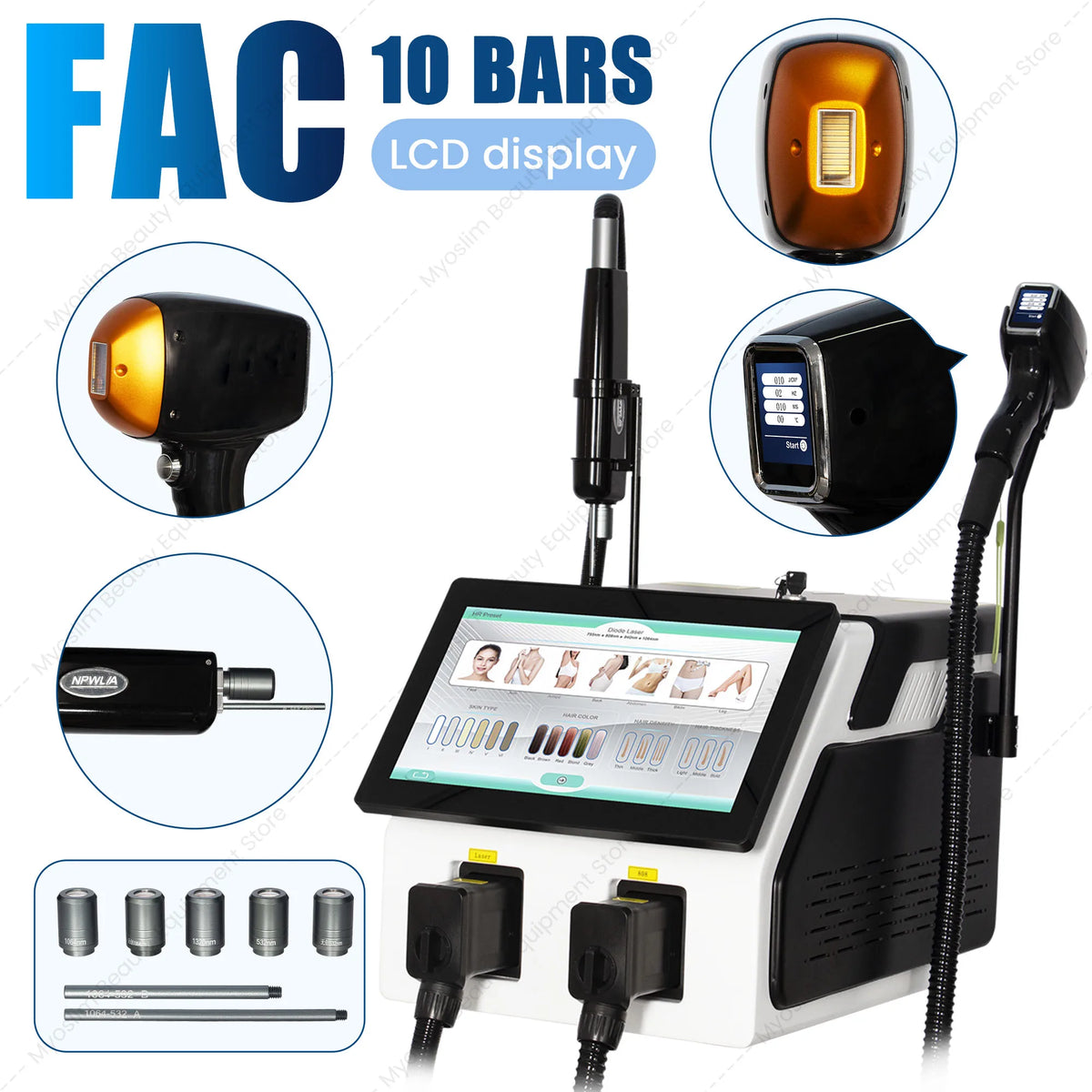 Máquina de Picosegundos con Diodo Láser 2 EN 1 FAC 10BARS, 4 Longitudes de Onda 755 808 940 1064nm, Depilación Permanente Indolora con Hielo, Eliminación de Tatuajes