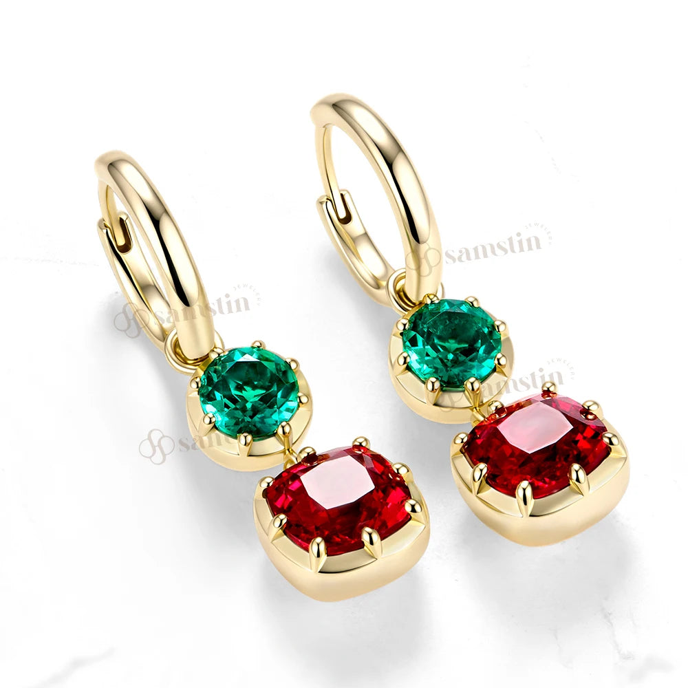 Pendientes Personalizados Samstin con Esmeralda y Rubí Cultivados en Laboratorio, 8CTW, para Mujer, Oro Amarillo Sólido de 14K, 10K, 925, para Regalos de Navidad, Joyería para Fiestas