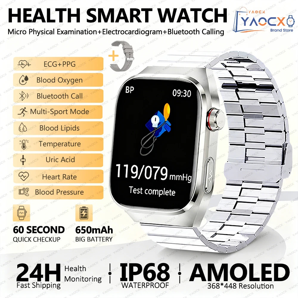 Reloj inteligente para hombre 2026, nuevo modelo con medición de ácido úrico y lípidos en sangre, ECG+PPG, presión arterial, frecuencia cardíaca, llamadas Bluetooth, reloj inteligente de salud