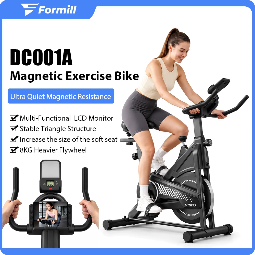 Bicicleta de ejercicio magnética Formill DC001A, bicicleta estática para uso en interiores con monitor LCD, volante de 8 kg, asiento ajustable y soporte para tableta, ideal para el gimnasio en casa.