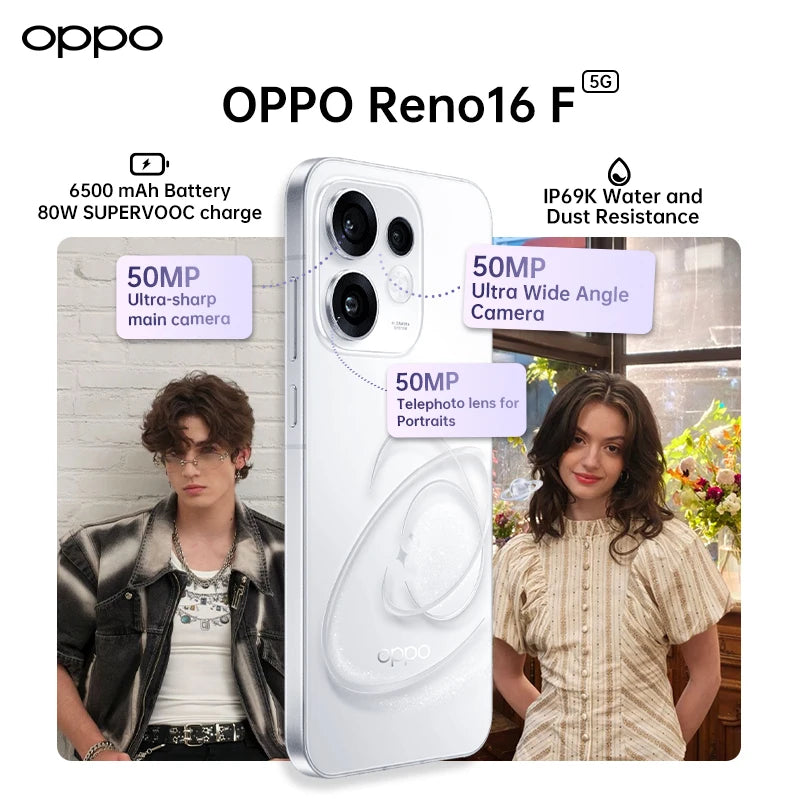 OPPO Reno16 F 5G 8GB+256GB Cámara Selfie Ultra Gran Angular de 50Mp Versión UE, OnePlus AI Remix Collage, ColorOS 16.0, Smartphone de 6500Mah