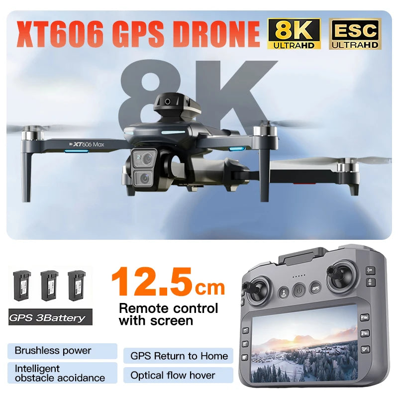Dron XT606 MAX 3 baterías Cámara profesional 4K 8K HD FPV con pantalla Dron con evitación de obstáculos 360° Juguetes cuadricóptero Drones regalos