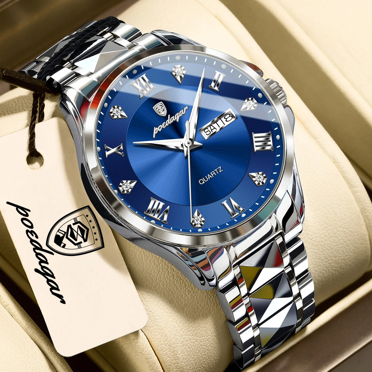 Reloj de pulsera para hombre de lujo POEDAGAR, resistente al agua, luminoso, con fecha y día, reloj de cuarzo de acero inoxidable para negocios, reloj para hombre.