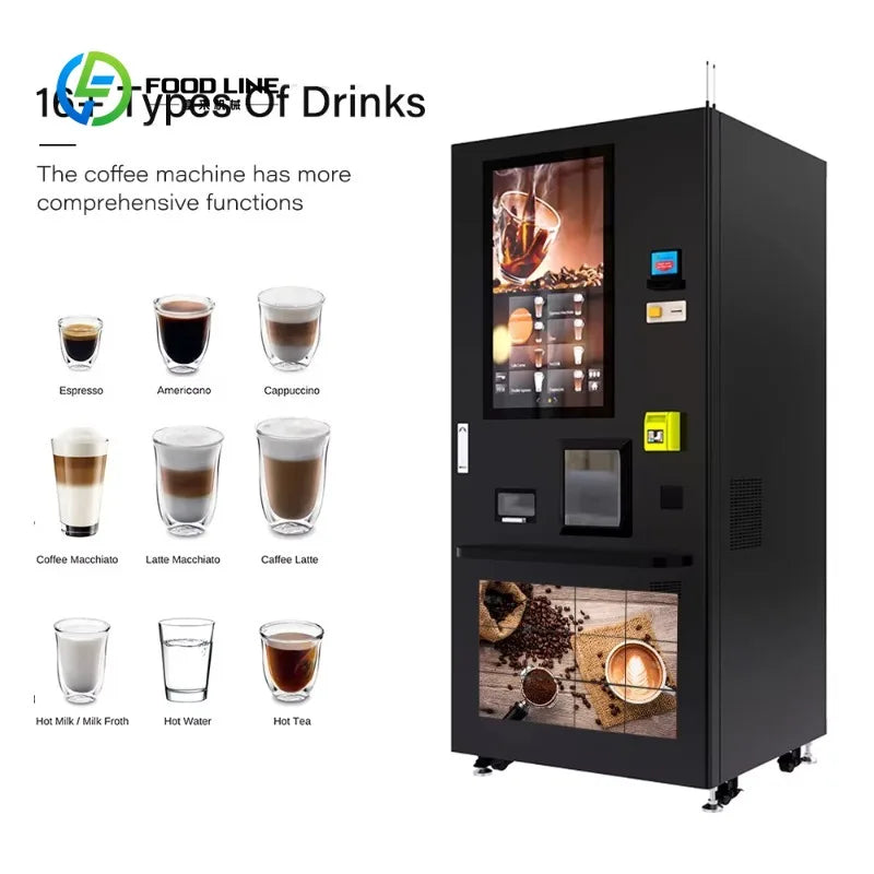 Máquina de café automática negra con pantalla LCD y compartimentos, vista frontal 3/4