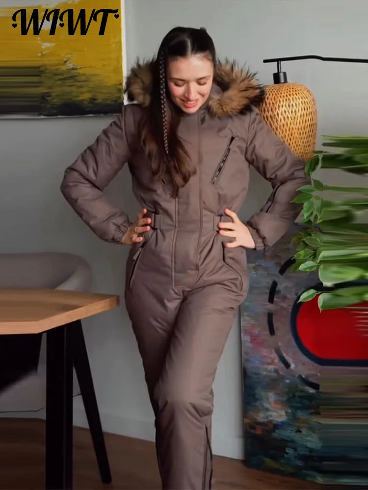 Traje de esquí con capucha y detalles de piel, cálido, para mujer, resistente al viento, con cuello alto, cremallera y cinturón, mono de snowboard, nueva colección 2026, ropa de esquí para mujer.