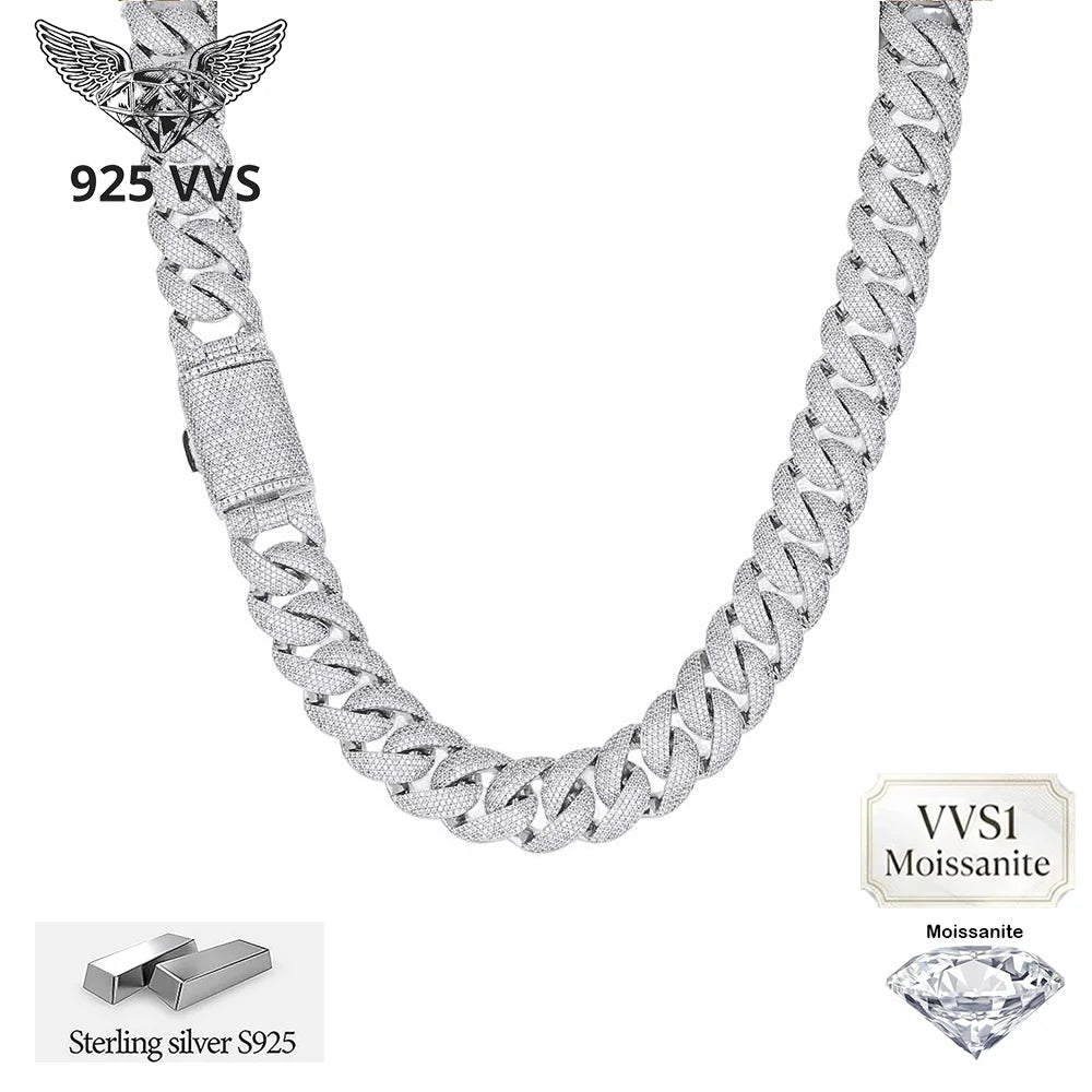 Collar de Eslabones Cubanos de Plata de Ley 925 con Incrustaciones de 5 Filas de Moissanita VVS1 de 22mm de Grosor, Estilo Iced Out, para Hombre