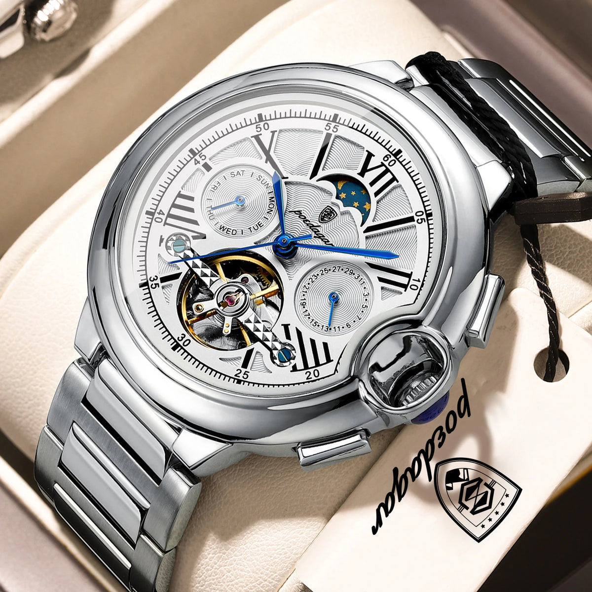 Reloj mecánico automático de lujo para hombre POEDAGAR, con fecha, semana, tourbillon, correa de piel, resistente al agua y diseño de negocios.
