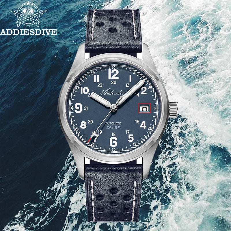 Reloj automático para hombre ADDIESDIVE NH35, reloj de lujo con cristal de zafiro, correa de cuero o acero inoxidable, luminiscencia BGW9 y resistencia al agua de 200 m