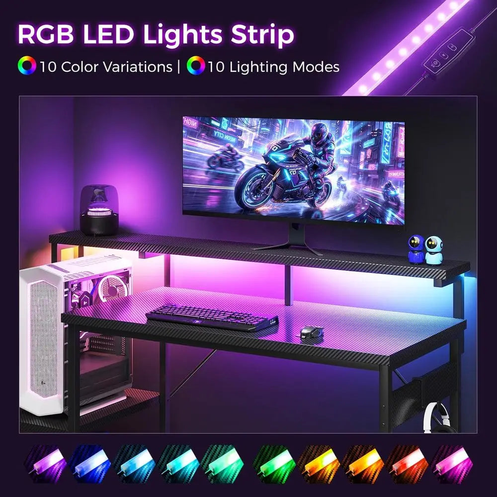 Escritorio gamer con tira LED RGB multicolor y superficie amplia tipo fibra de carbono