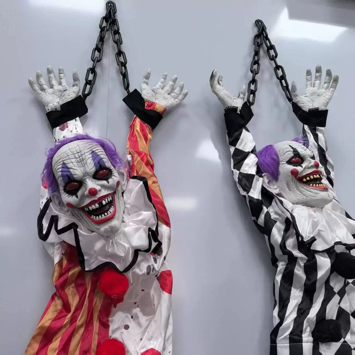 Accesorios para Fiesta de Halloween: Payaso Colgante Animado con Cadena, Ojos Brillantes y Sonido Espeluznante para Decoración de Casa Embrujada o Jardín Exterior