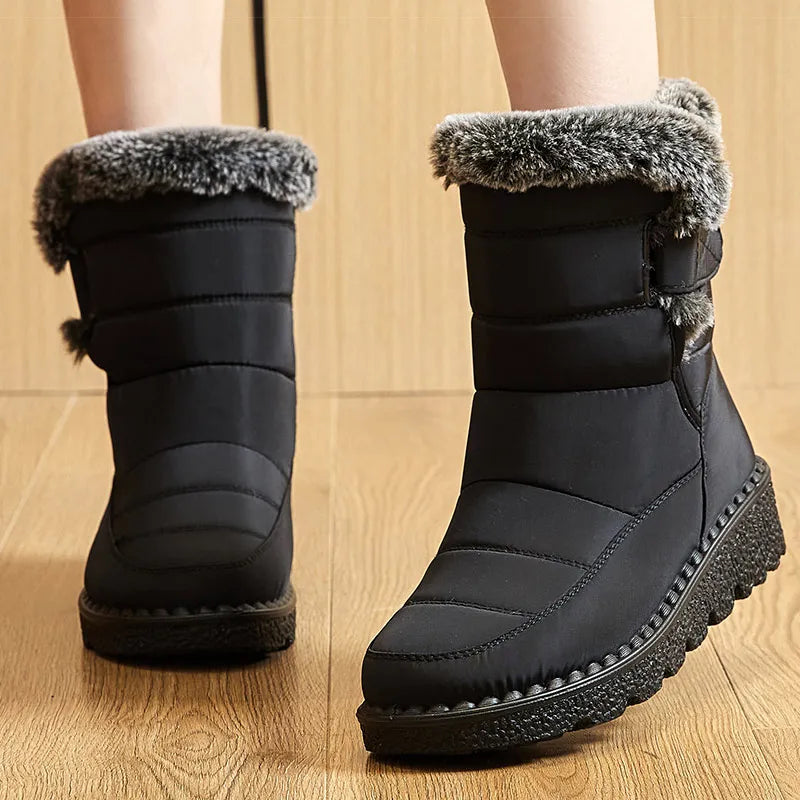 Botas de Mujer tendencia 2025, zapatos de invierno para Mujer, Botas de invierno, Botas de tacón bajo hasta el tobillo, Botas de nieve impermeables con zapatos de piel