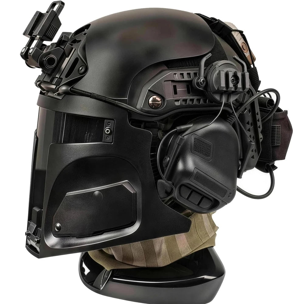 Casco de Cazador de Recompensas Galáctico 6 en 1 con Auriculares, Luz de Señalización, Casco Táctico Rápido, Máscara Futurista, Set de Cosplay de Ciencia Ficción y Airsoft