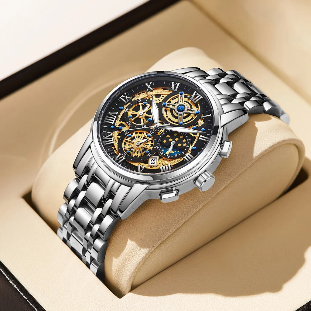 Reloj LIGE 2026 para hombre de acero inoxidable, reloj de cuarzo con fase lunar, resistente al agua, luminoso con calendario, regalo de Halloween