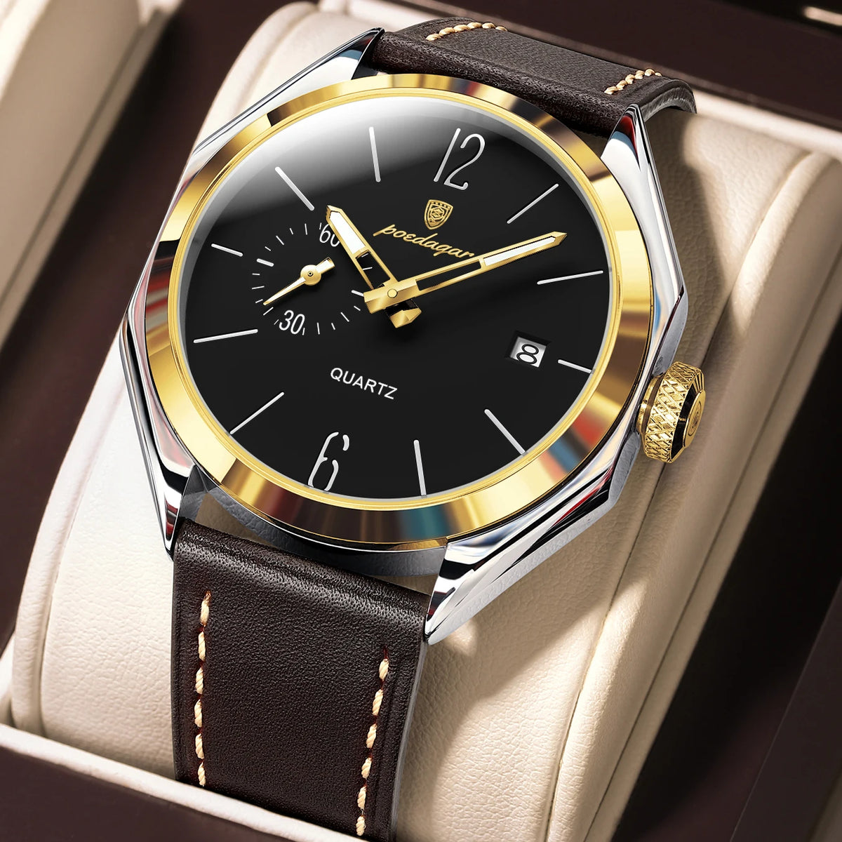 Reloj de pulsera original de cuarzo para hombre POEDAGAR, de piel, para negocios, resistente al agua, con fecha luminosa, reloj elegante para hombre.