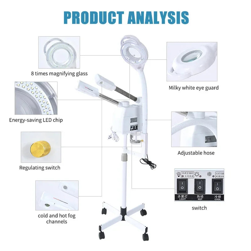 Vaporizador Facial vaporizador de vapor frío y caliente ozono 3 en 1 humidificador Nano iónico mejorado con lámpara de aumento LED 8X salón de belleza Spa