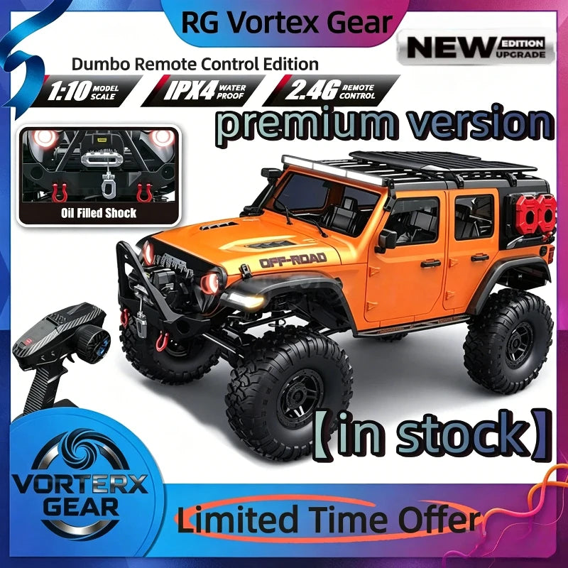 Coche RC 1:10 naranja con carrocería todoterreno y neumáticos de alto relieve.