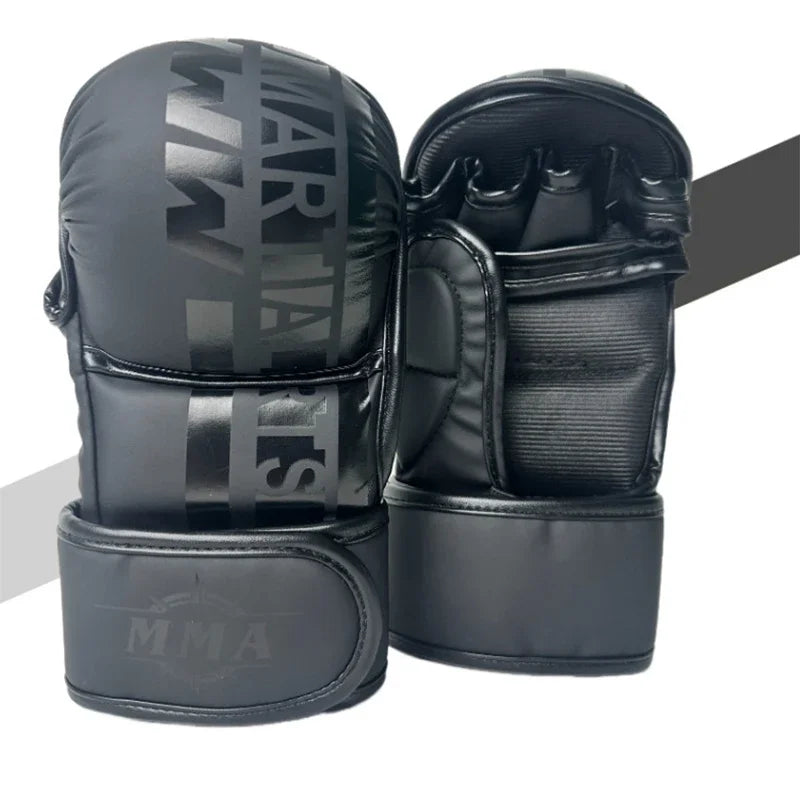 Guantes de boxeo MMA profesionales para hombres y mujeres: diseño duradero grueso de medio dedo con correas ajustables para la muñeca para entrenamiento UFC