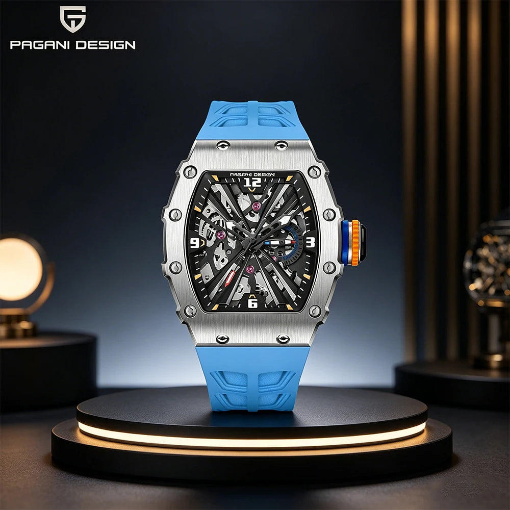 PAGANI DESIGN Nuevo Reloj de Lujo Esqueleto VH65 para Hombre Reloj de Cuarzo 42MM Correa de Caucho Cristal de Zafiro Resistente al Agua Reloj Hombre