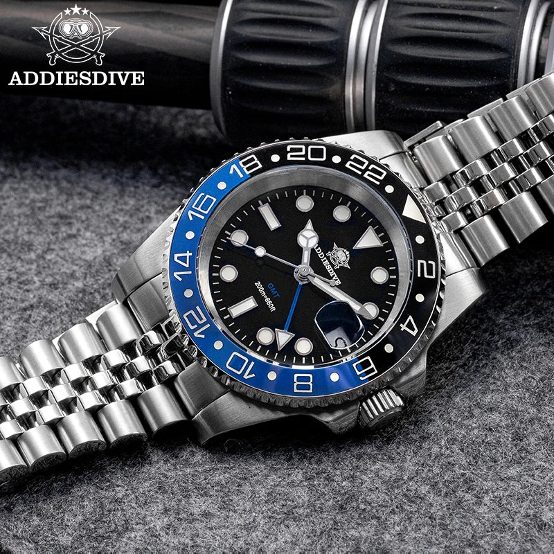 Reloj ADDIESDIVE AD2050 de lujo con GMT, acero inoxidable, súper luminoso, resistencia al agua de 20 bares, reloj de cuarzo para hombre con bisel de cerámica