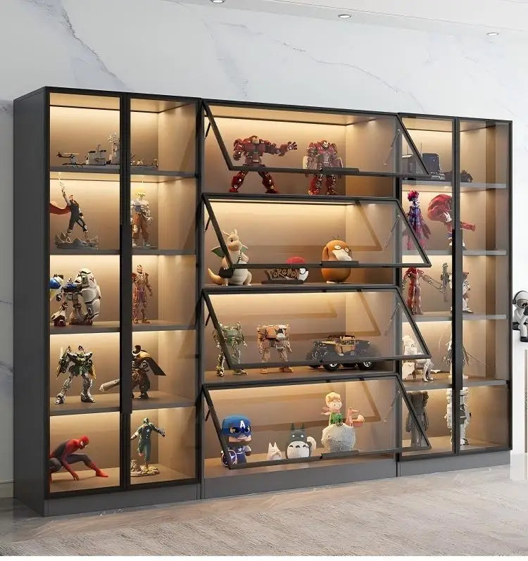Customizable Figure Display Cabinet Tempered Glass Door LED Light Large Capacity Layered Storage Aluminum Frame Eco Living