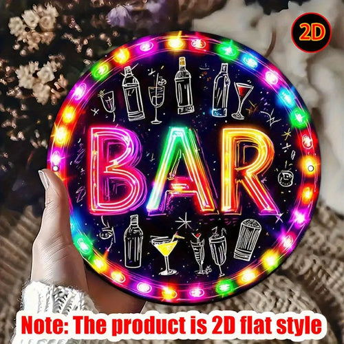 Cartel circular LED “BAR” con borde multicolor y dibujos de cócteles y botellas
